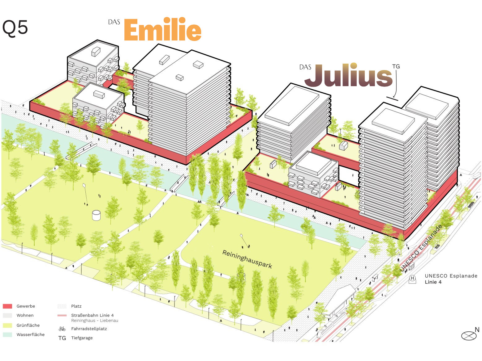 Plan mit zwei Gebäuden, Wasser und Park. Darstellung der Sockelzonen von Reininghaus